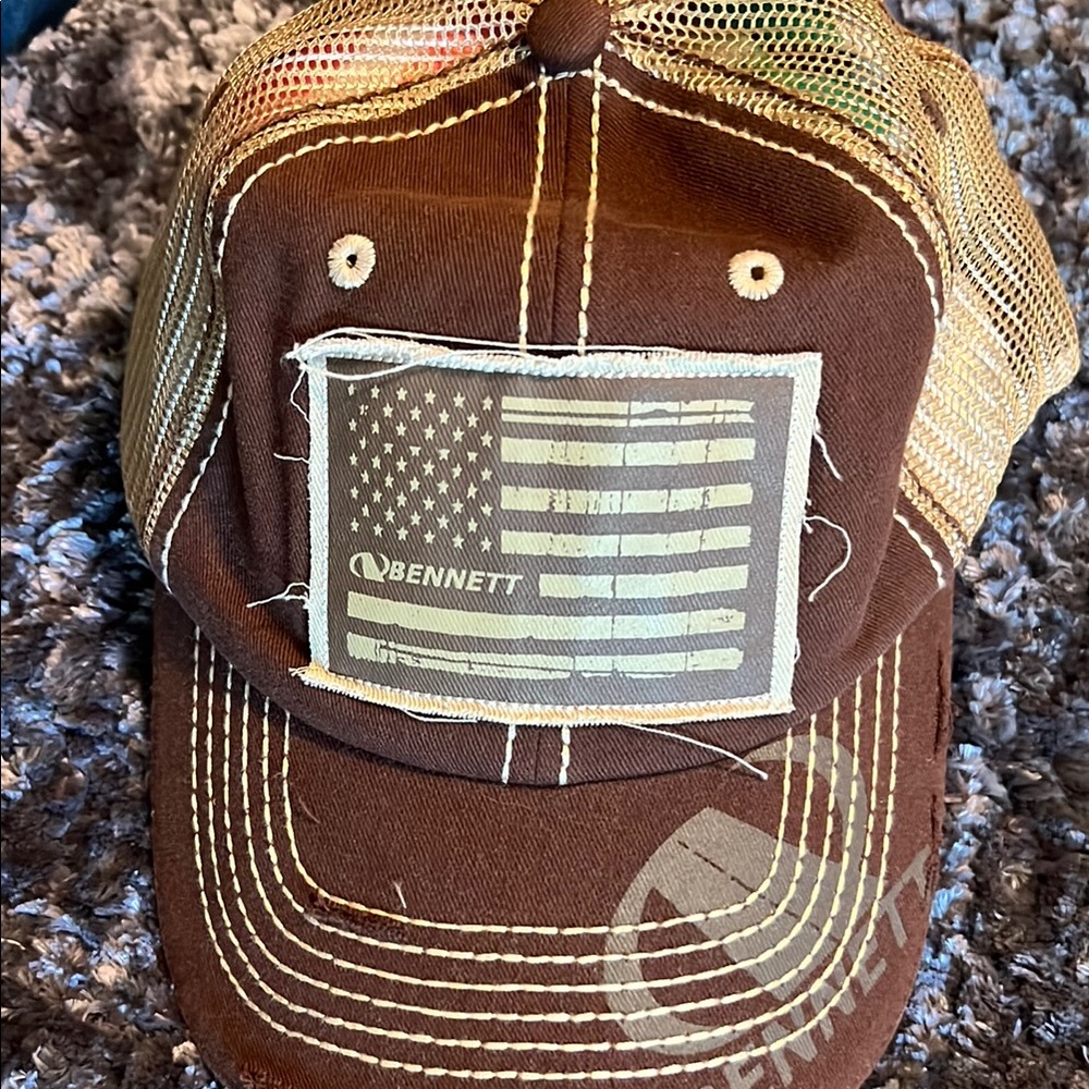 Bennett Trucking distressed hat with American flag patch, never worn